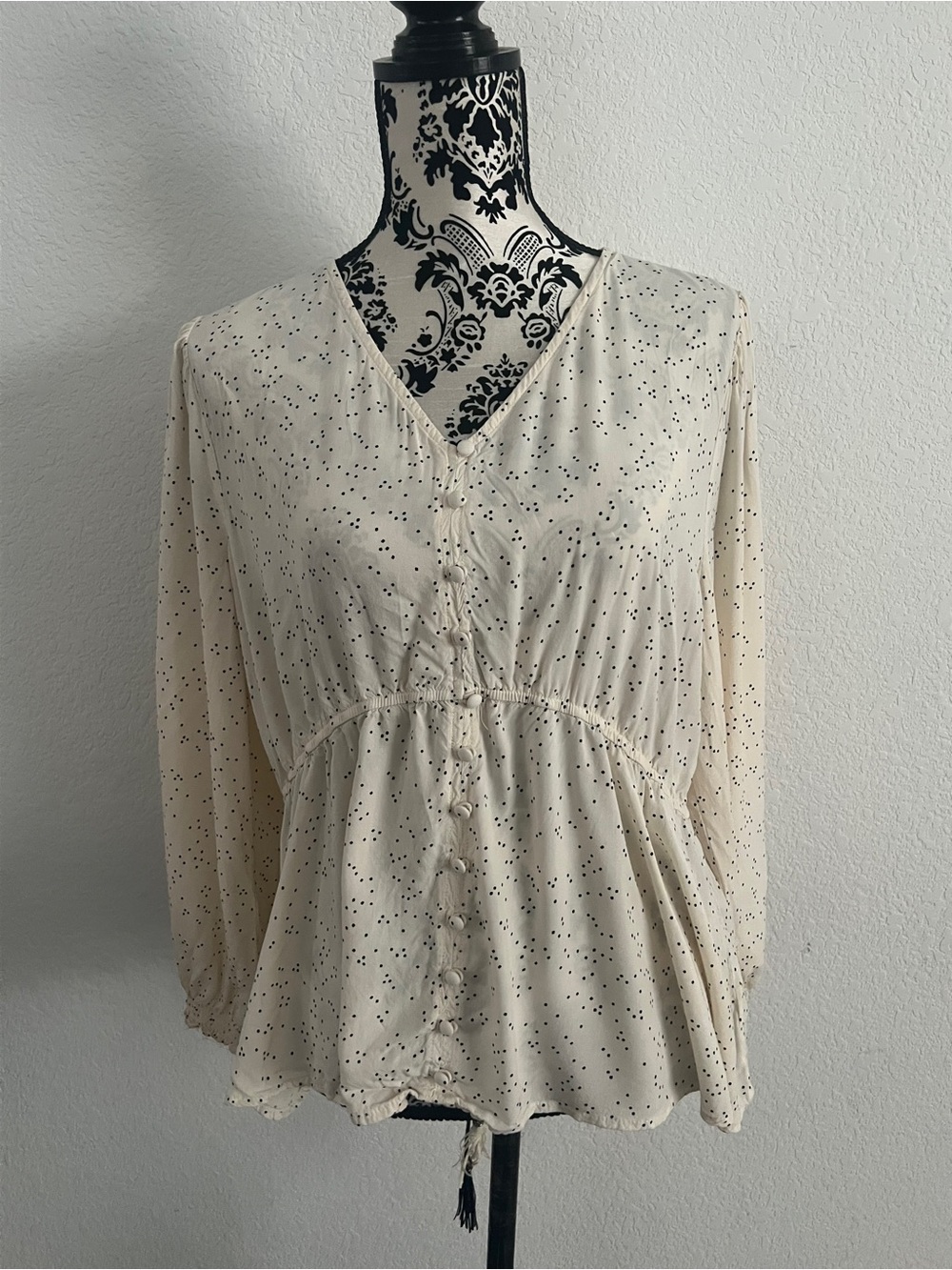 Fun 2 Fun XL Cream Black Dot Peplum Blouse Button Front Balloon Sleeve Boho